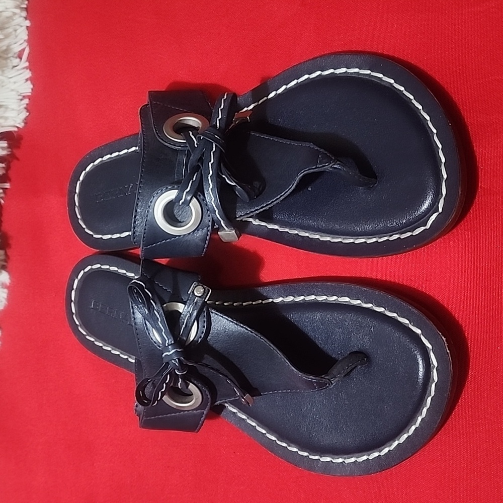 Women's Navy Leather Thong Sandals with Decorative Knot